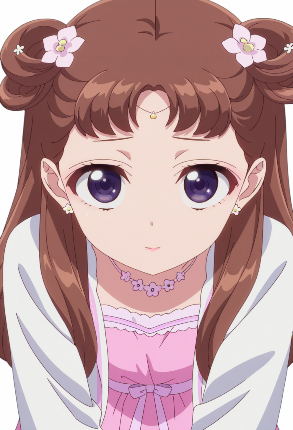 <lora:Lishu_illustrious-000030:1>,
WID_/(Lishu/),solo,brown hair,long hair,looking at viewer,simple background,purple eyes,white background,transparent background,full_shot,pink dress
