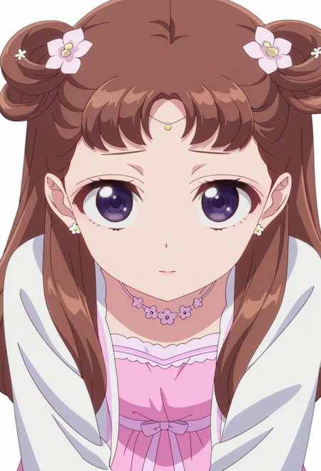 <lora:Lishu_illustrious-000030:1>,
WID_/(Lishu/),solo,brown hair,long hair,looking at viewer,simple background,purple eyes,white background,transparent background,full_shot,pink dress