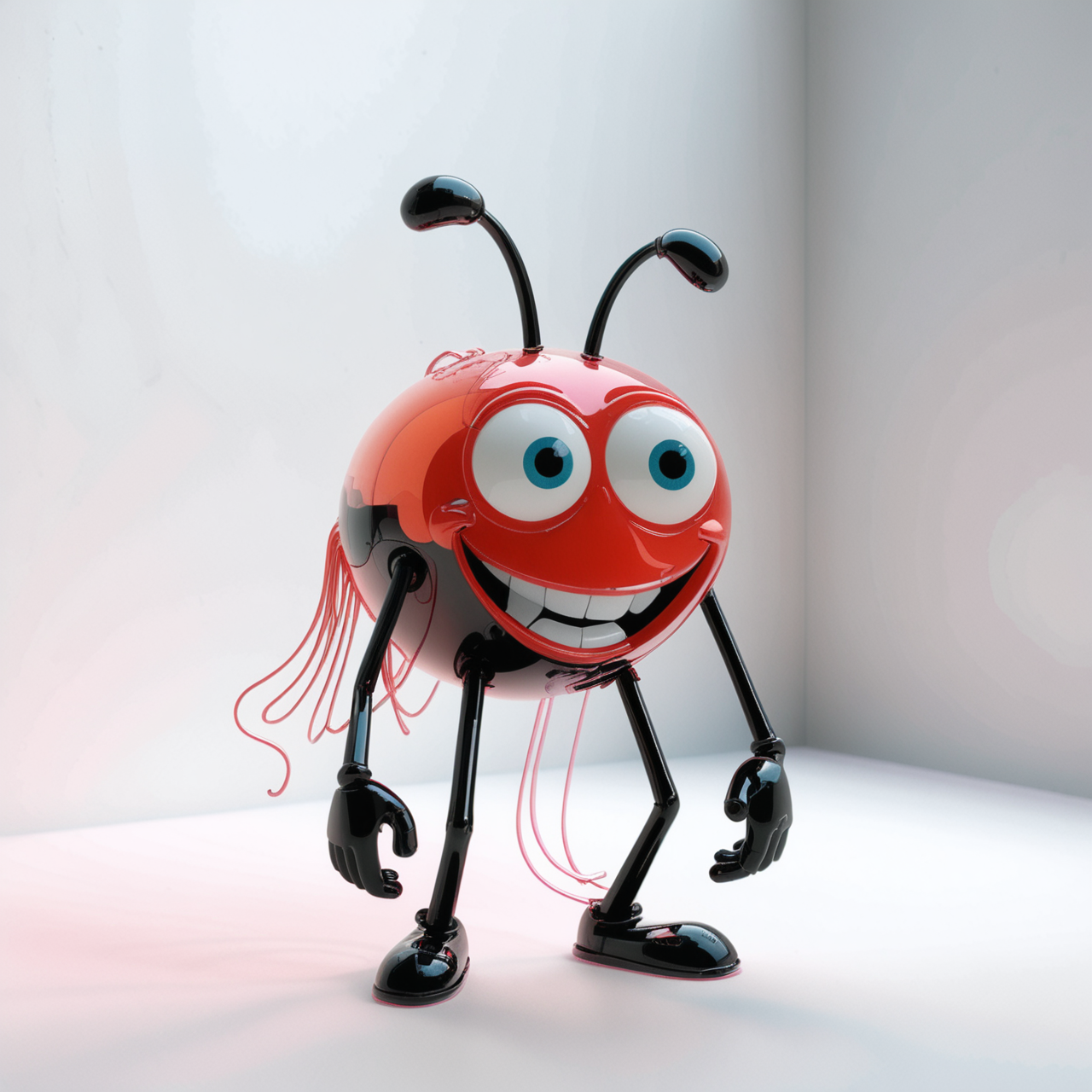 (Ombre color scheme of neon red ,black ,neon light pink ) pixar cartoon toy, office, <lora:World_of_Filaments:0.8> made of, tiny glass neon filaments, w0f1