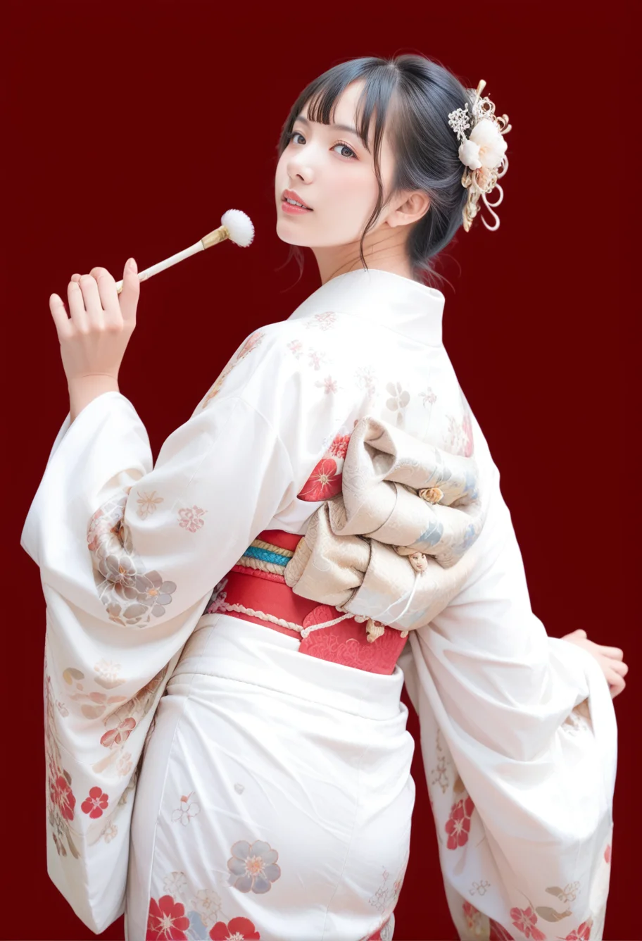 score_9,score_8_up,score_7_up,8k,red background,1girl,solo,,ruanyi0712,floral print,white kimono,obijime,<lora:0712 kimono_v1_pony:1>