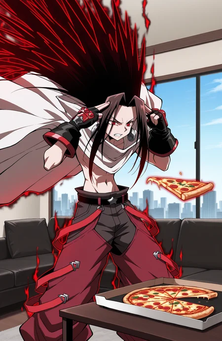 sk21_hao, solo, open cloak, cloak up, wind, fingerless gloves, earrings, hao pants, very long hair,
(floating pizza slice:1.2),
wide shot, feet out of frame,
fingers to head, concentrating, v-shaped eyebrows, red eyes, clenched teeth,
hair floating upwards, floating hair, spiked hair, aura, glowing outline,
looking down,
upper body,
<lora:[Char - IL] Shaman King - Asakura Hao (R1E12):1>
midair, levitation,
floating pizza, telekinesis, psychic,
aura on pizza slice,
<lora:[Concept - IL] Meme - Pizzakinesis:0.9> pizzakinesis, floating food, fingers to head,
BREAK
indoors, living room, coffee table, window, skyline, day,
best quality, masterpiece, highres,