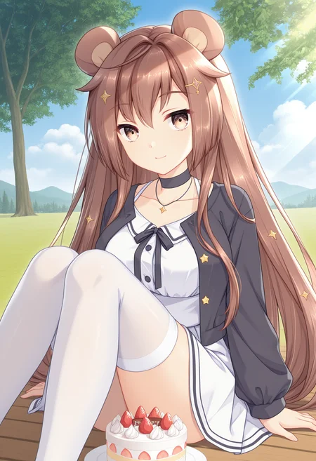 masterpiece, best quality, amazing quality,  BREAK <lora:Puff:1>pifpuf, 1girl, brown hair, animal ears, long hair, white thighhighs, food, brown eyes, hair between eyes, outdoors, star hair ornament, sitting, day, cake, smile, black choker, tree, strawberry, closed mouth, cloud, blue sky, looking at viewer, fruit, multicolored jacket, black jacket, white jacket, open jacket, long sleeves, white skirt, sunlight, knees up, black ribbon, collarbone, necklace, yellow buttons