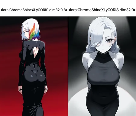 <lora:ChromeShineXLyCORIS-dim32:0.8> score_9, 1girl, dress, white hair, rainbow hair, iridescent, black dress, tight dress, looking at viewer, mature female, pale skin,