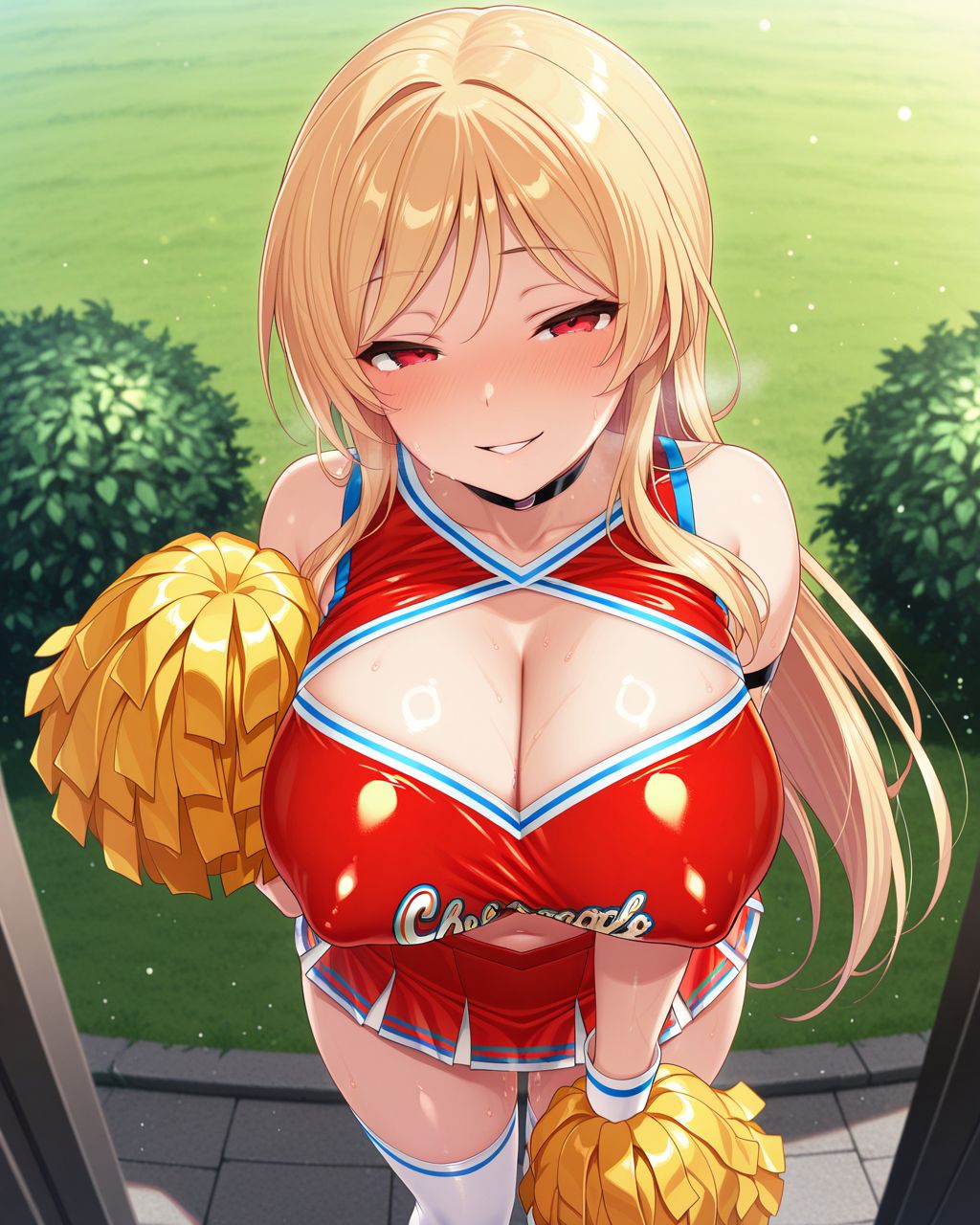 solo, standing, BREAK
1girl,big breasts,lovestruck,seductive smile,in heat,embarrassed,BREAK
blonde hair,long hair,red eyes,cheerleader,BREAK
shiny skin,erect nipples,outdoors, sweat,BREAK
masterpiece,best quality,amazing quality,explicit,<lora:KSNeo:0.75><lora:総司Ill:0.75>