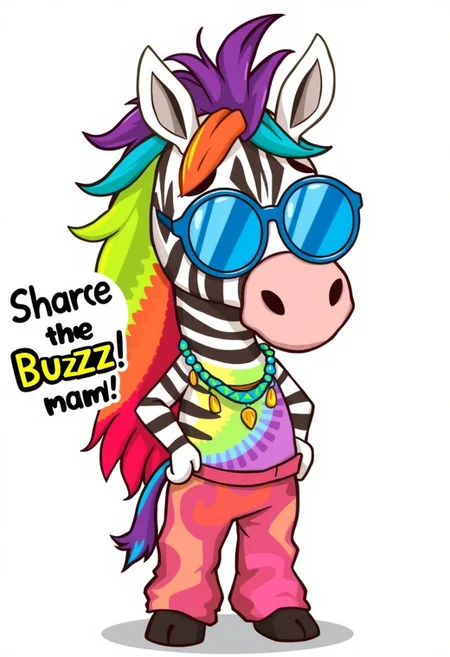 Cartoon Zebra hippy wearing a tie dye pants and round blue shades, with a rainbow mane, saying "Share the Buzz man!!"