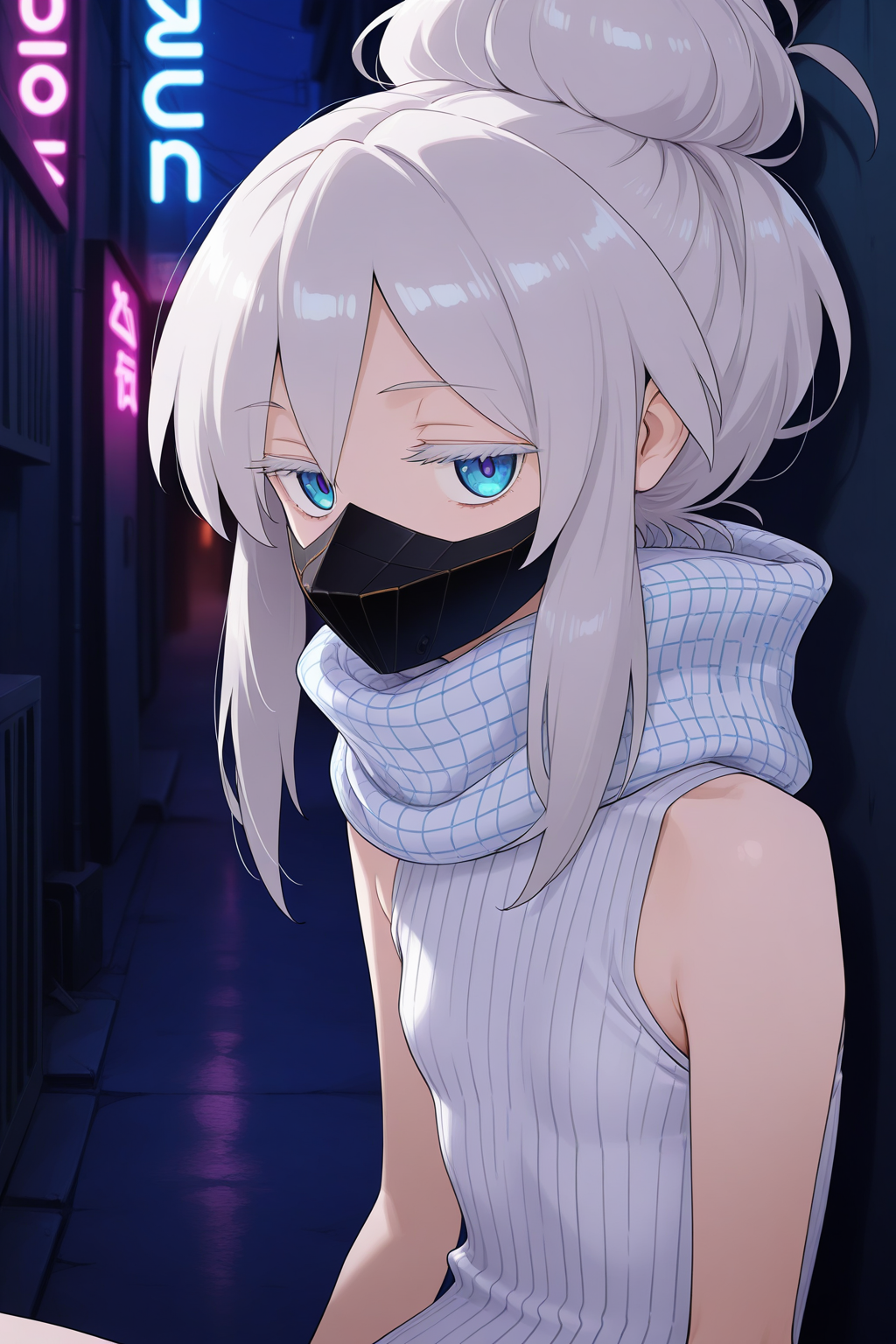1girl,
DeuxMurasameGundamGQ, DMNormalOutfit,
general, solo, perspective, from side, close-up, upper body,
grey hair, blue eyes, colored eyelashes, collarbone,
jitome,
mouth mask,
white scarf, plaid, sleeveless shirt, white shirt,
looking at viewer, sitting,
night, alley, neon light, rim lighting,
depth of field,
<lora:kp_DeuxMurasameGundamGQIllustrious_v1_0:1.0>,
masterpiece, best quality, amazing quality
