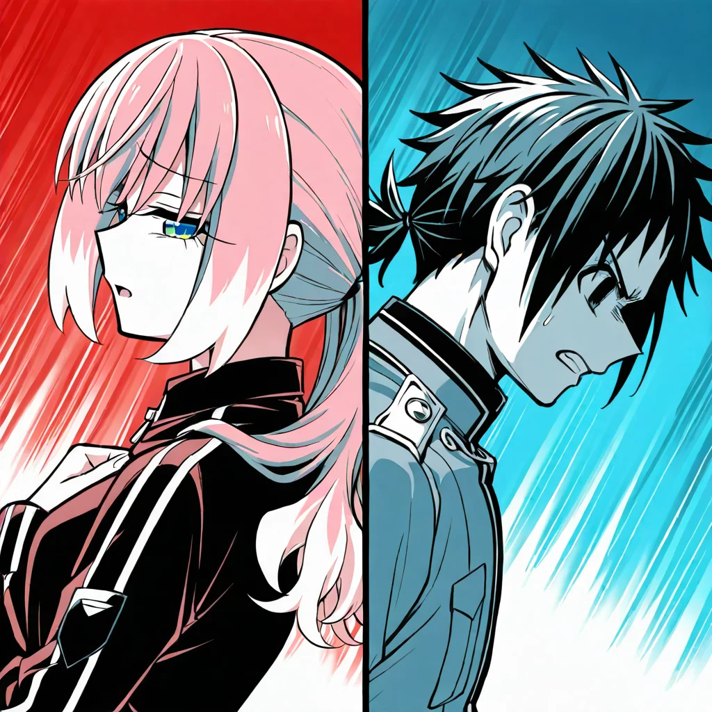 masterpiece, best quality, before and after, (dutch angle), curved line, emphasis lines, height difference, back-to-back, <lora:Talentless_Nana_-_( Nana+Nanao) _Timeskip-000005:1>
1girl, hiiragi nana, low twintails, manga, from side, red eyes, long hair, (red theme), sad, (dutch angle), half-closed eyes, hand on own chest, furrowed brow, open mouth, D:, before and after, (looking back), two-tone hair, pink hair, white hair, bangs, black track jacket
1boy, nakajima nanao, green hair, parted bangs, low ponytail, shaded face, (blue theme), darkness, shaded face, dutch angle, messy hair, before and after, frustrated, clenched teeth, v-shaped eyebrows, military uniform, high collar, profile, manga
