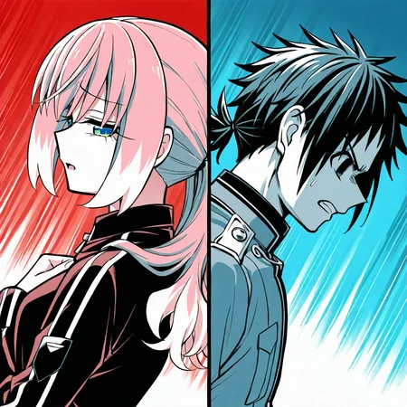 masterpiece, best quality, before and after, (dutch angle), curved line, emphasis lines, height difference, back-to-back, <lora:Talentless_Nana_-_( Nana+Nanao) _Timeskip-000005:1>
1girl, hiiragi nana, low twintails, manga, from side, red eyes, long hair, (red theme), sad, (dutch angle), half-closed eyes, hand on own chest, furrowed brow, open mouth, D:, before and after, (looking back), two-tone hair, pink hair, white hair, bangs, black track jacket
1boy, nakajima nanao, green hair, parted bangs, low ponytail, shaded face, (blue theme), darkness, shaded face, dutch angle, messy hair, before and after, frustrated, clenched teeth, v-shaped eyebrows, military uniform, high collar, profile, manga