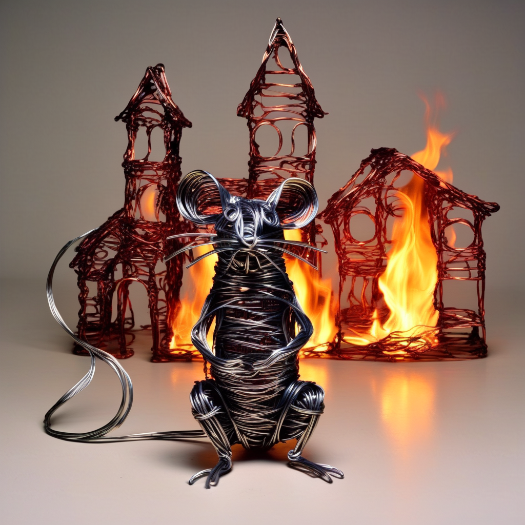 wirex wire sculpture  rat in the background, burning houses, destroyed cars, darkness, flames <lora:wirex:0.8>