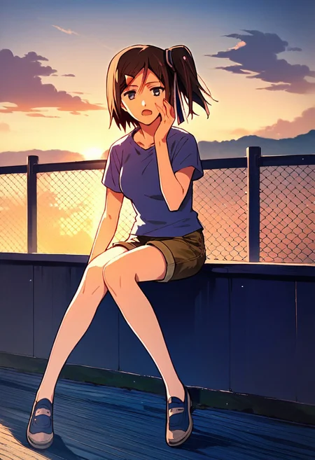 score_9,score_8_up,score_7_up,source_anime, Hatsuna Wakabayashi,1girl,solo,open mouth,shirt,sitting,full body,short sleeves,shoes,shorts,hand on own face,sunset,