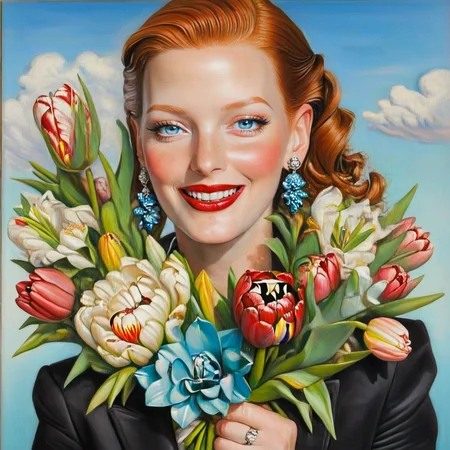 <lora:Aquamarine_PinupSDXL:1> 1girl, flower, solo, jewelry, earrings, blue eyes, smile, hair ornament, makeup, lipstick, The image is a portrait of a woman with red hair and blue eyes. She is wearing a black blazer and has a large bouquet of flowers in her hands. The bouquet is made up of various types of flowers including roses tulips and lilies. The woman is also wearing large dangling earrings and a blue and white flower in her hair. She has a red lipstick on her lips and is looking directly at the camera with a slight smile. The background is a light blue sky with white clouds. The overall style of the painting is elegant and sophisticated.