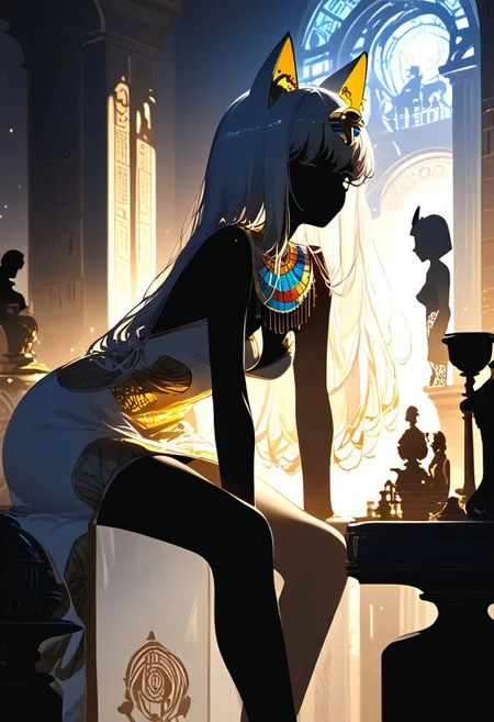 (masterpiece, best quality), (score_9, score_8_up, score_7_up,source_anime), 4K8K, high res image, Uncorrected, white print, lineart print, print, 
from front, upperbody, portrait, 
Ankha_(Animal_Crossing), (solo:1.3), 
(animals), silhouette, backlit, backlighting, dark night, Porcelain Mix Gold, pmg style, 
(golden lines, white silhouette skin, Skin like porcelain), 
sitting, bent over, spreading legs, Arms between legs, Porcelain wall, (small stature, petite:1.3), (breasts:1.1), (white hair, verry long hair, cat ears),
(wearing Porcelain clothing, Porcelain Egyptian-style dress),