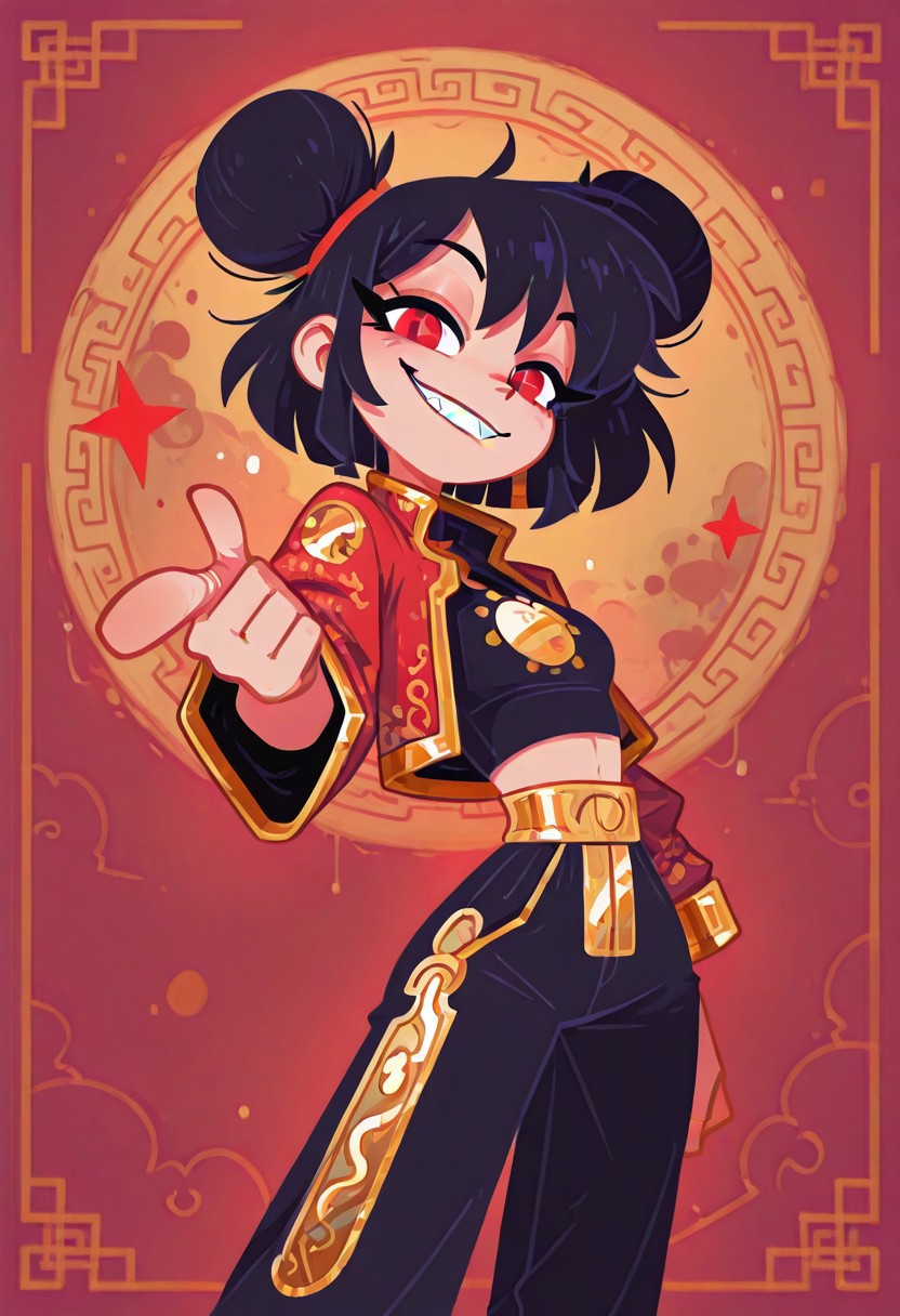 1 girl , solo , smiling , smirk , sharp teeth , closed mouth , red eye , looking at viewer , pointing finger at viewer , chinese jacket , chinese cropped shirt , chinese pant , gold print , light skin ,
masterpiece, best quality, amazing quality, imp4ct_style ,groovysmoothstyle , Flatline, Flat vector illustration ,