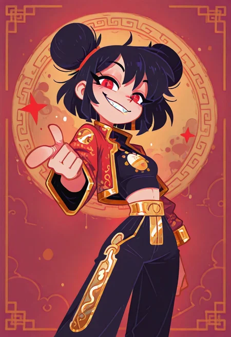 1 girl , solo , smiling , smirk , sharp teeth , closed mouth , red eye , looking at viewer , pointing finger at viewer , chinese jacket , chinese cropped shirt , chinese pant , gold print , light skin ,
masterpiece, best quality, amazing quality, imp4ct_style ,groovysmoothstyle , Flatline, Flat vector illustration ,