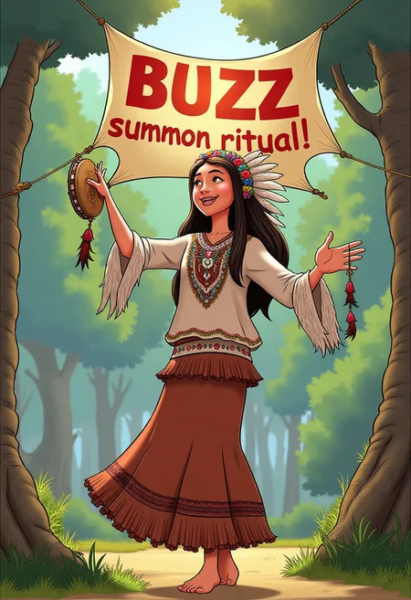 masterpiece absurdres, HDR , mythp0rt, midjourneyv6.1, 3D, source_anime ,1girl, native american girl, 18yo, happy, long embroided skirt ,embroided shirt , feather headdress, barefoot, long hair, flower wreath, holding tambourine, dancing,
under big banner with text;"BUZZ summon ritual!",
Jabstyle,