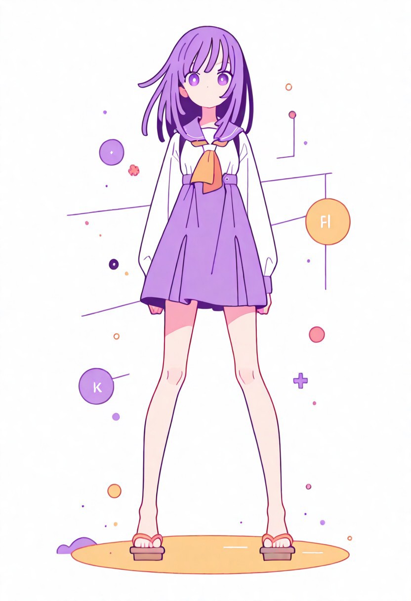 Flatline, Flat vector illustration, looking at viewer, full_body, 
nadeko, long hair, long bangs, school_uniform, sailor, 
slim, slender, knees, beautiful legs, barefoot, geta wooden sandals, 
from front, front view, straight-on, look at viewer, standing, (legs apart:1.4), 
white background,