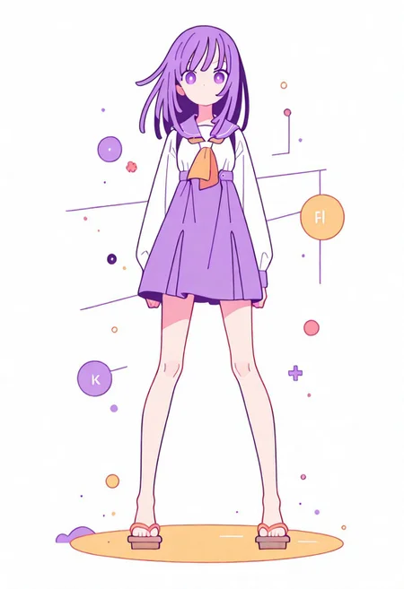 Flatline, Flat vector illustration, looking at viewer, full_body, 
nadeko, long hair, long bangs, school_uniform, sailor, 
slim, slender, knees, beautiful legs, barefoot, geta wooden sandals, 
from front, front view, straight-on, look at viewer, standing, (legs apart:1.4), 
white background,