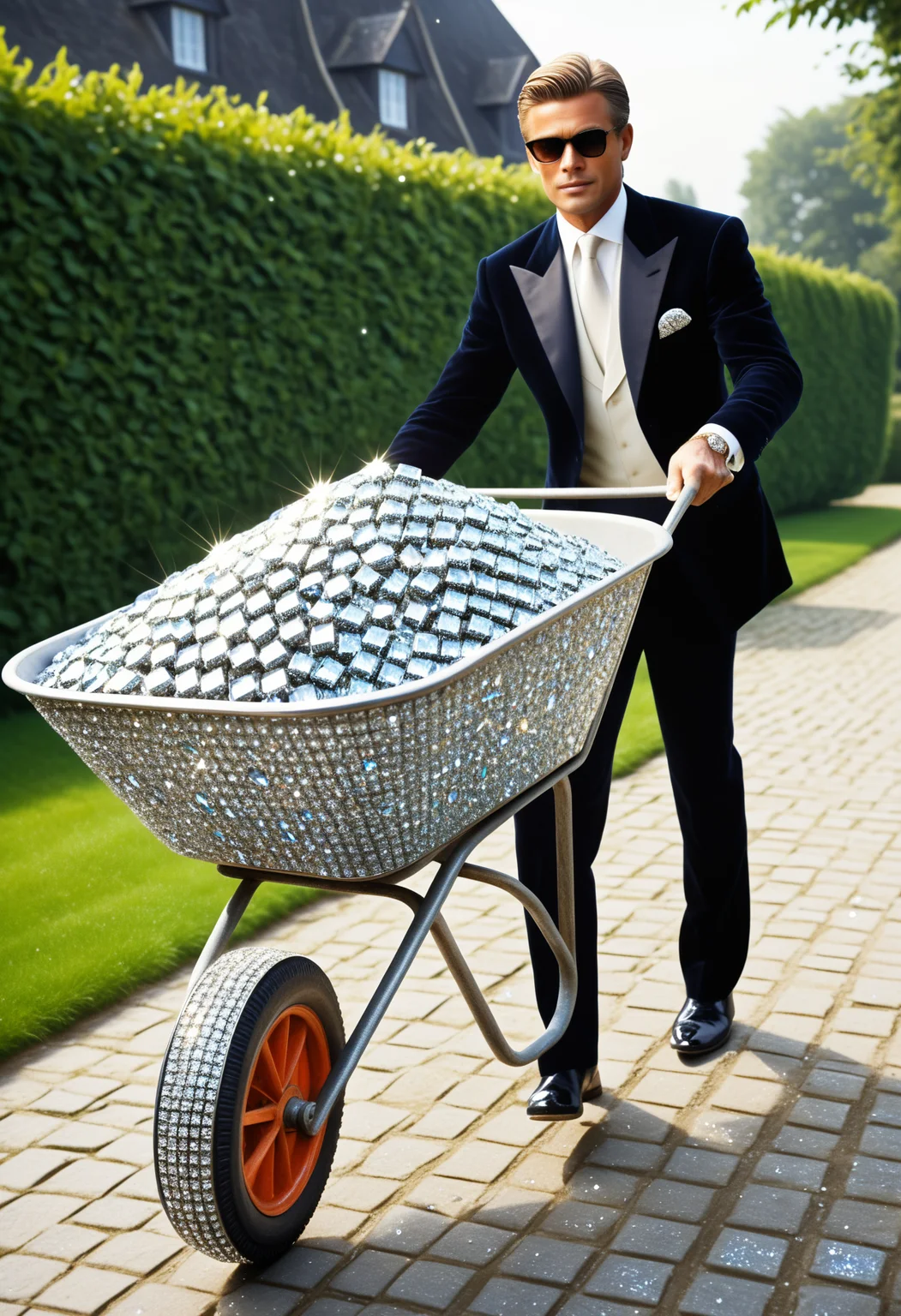 Photo of rich guy pushing a wheelbarrow full of diamonds,
badquality, low quality,
diamondMW, countless diamonds