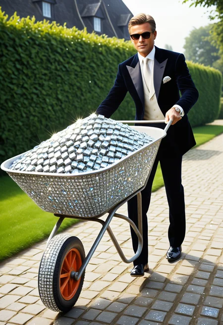 Photo of rich guy pushing a wheelbarrow full of diamonds,
badquality, low quality,
diamondMW, countless diamonds