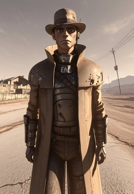 Masterpiece, highest quality, highres, 8k, newest, source_cartoon, IllusP0s, solo, edboi, mnbrow, unibrow, fedora, RangerArmorStyle, fallout-style, veteran ranger armor, post-apocalyptic, trench coat, coat, military aesthetic, solo, wasteland background, 1person, ncr faction, bar background, detailed background,