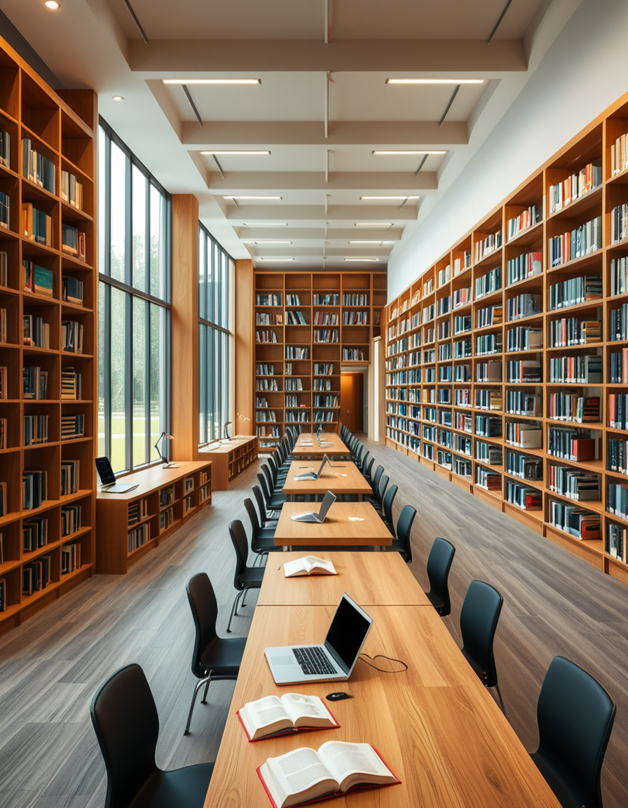 A high-resolution, ultra-realistic photograph of a modern college library interior. The scene showcases a spacious, open-plan design with large floor-to-ceiling windows allowing natural daylight to flood the space. The architectural style is contemporary, featuring minimalist furniture with clean lines: sleek wooden tables, ergonomic chairs in neutral tones (gray and beige), and built-in bookshelves made of light oak wood.
In the foreground, a group of diverse students (varied ethnicities and genders) are quietly studying, some using laptops, others reading books, with focused, calm expressions. One student is sipping coffee from a reusable cup.
The background displays rows of neatly organized books, indoor plants adding a touch of greenery, and modern pendant lights hanging from the ceiling, providing warm, ambient lighting. The floor is covered with soft gray carpet, and large abstract paintings decorate the walls, contributing to a cozy and intellectual atmosphere.
The overall mood is peaceful, studious, and inspiring, with balanced natural and artificial lighting, crisp details, and realistic textures, captured as if by a professional architectural photographer using a full-frame camera.
 <lora:SDXLFaeTastic2400:0.4> <lora:extremely_detailed:0.4> extremely detailed,<lora:modern_c0ll3g3_l1br4ry:1>,modern c0ll3g3 l1br4ry, Masterpiece,best quality,hi res,8k,hi res,8k,award winning,(sharp focus, intricate, highly detailed),