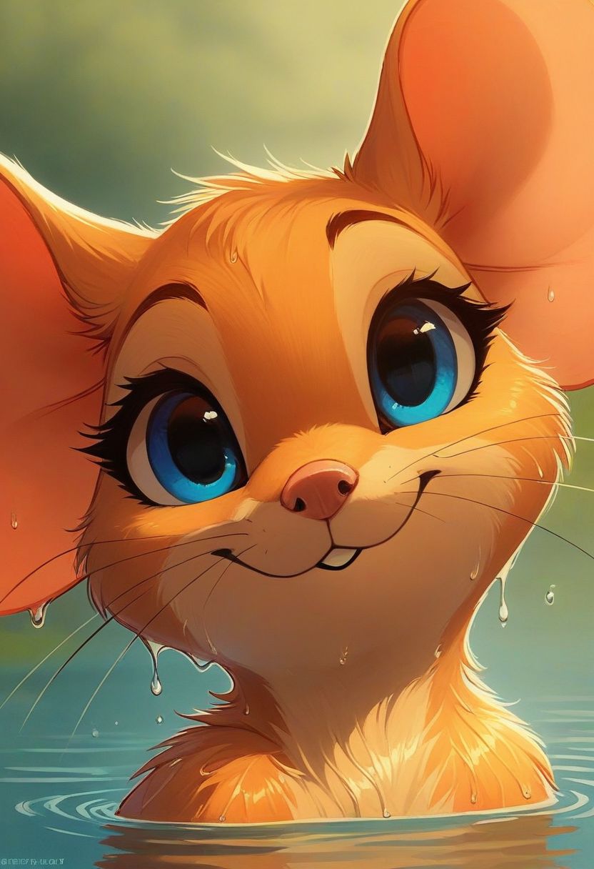 score_9, score_8_up, score_8, (solo), (fluffy:0.8), (feral), outdoors, furry, (((mouse))), female, vivid blue eyes, yellow fur, yellow ears, (fluffy cheeks:0.4), cute, in the style of beatrix potter, cel-shading, backlit, water, swimming, look at viewer, smile, (close up, head and shoulder portrait:1.8), head above water, flat color, (wet fur)