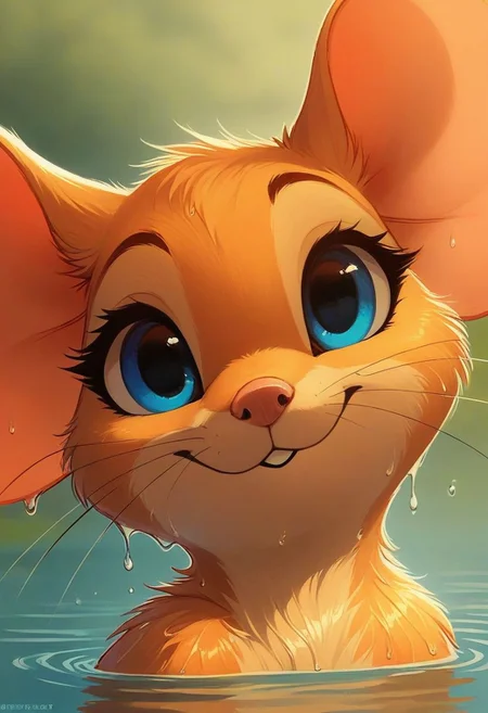 score_9, score_8_up, score_8, (solo), (fluffy:0.8), (feral), outdoors, furry, (((mouse))), female, vivid blue eyes, yellow fur, yellow ears, (fluffy cheeks:0.4), cute, in the style of beatrix potter, cel-shading, backlit, water, swimming, look at viewer, smile, (close up, head and shoulder portrait:1.8), head above water, flat color, (wet fur)