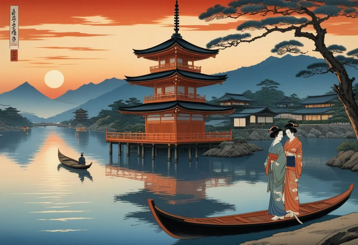 Masterpiece, best quality, ukiyo-e landscape, two traditionally dressed japanese characters looking at a sunset, romantic, pagoda on a river, small boat, harbor