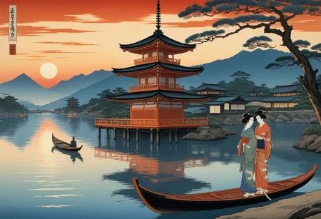 Masterpiece, best quality, ukiyo-e landscape, two traditionally dressed japanese characters looking at a sunset, romantic, pagoda on a river, small boat, harbor