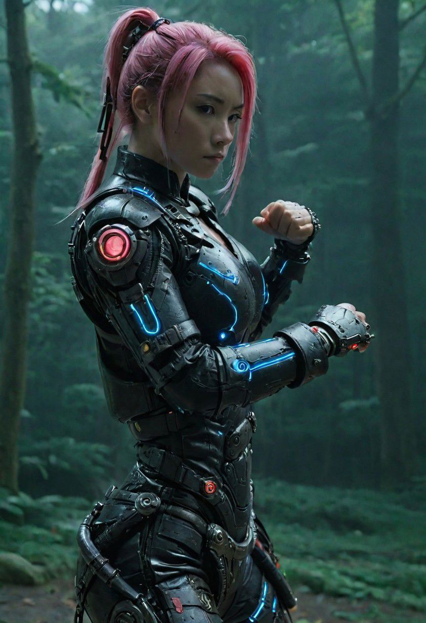 Closeup, grip, Colorful anime By herg, Female Busty Neon Cyborg in Drunken fist Style, Leaning Backwards, A feudal cyborg in drunken fist fight stance, leaning backwards, Perfect Hands,very detailed, atmospheric haze, Film grain, cinematic film still, shallow depth of field,