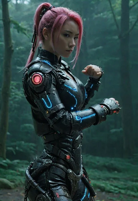 Closeup, grip, Colorful anime By herg, Female Busty Neon Cyborg in Drunken fist Style, Leaning Backwards, A feudal cyborg in drunken fist fight stance, leaning backwards, Perfect Hands,very detailed, atmospheric haze, Film grain, cinematic film still, shallow depth of field,