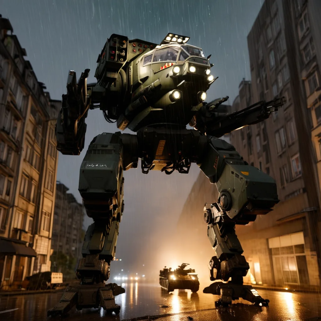 <lora:mecha:1>, mecha, robot, photograph, walking, glass windshield, 8k, volumetric lighting, highly detailed, outdoors, city, from below, size difference, military vehicle, battle, night, rain