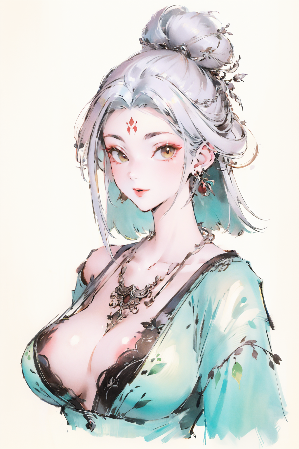 <lora:XiaobaiV2-SD15optimize:1>,
masterpiece,highest quality,exquisite details,amazing art,realistic details,pretty face,real skin,8K,RAW,movie lighting,soft light,shallow depth of field,bokeh,dreamy,
xiaobai,1girl,jewelry,solo,white hair,earrings,looking at viewer,long hair,hair ornament,nail art,upper body,simple background,necklace,parted lips,smile,traditional_media,pastel_color,topless,areola,nipples,<lora:give it a name:0.8>,<lora:Freehand_Brushwork:0.7>,huge breasts,<lora:æ°ä¸­å¼å·¥ç¬æ°´å¢¨newchinese-1122-1:0.9>,, best quality , masterpiece, illustration, an extremely delicate and beautiful, extremely detailed ,CG,unity,8k wallpaper, Amazing, finely detail, masterpiece, best quality,official art,extremely detailed CG unity 8k wallpaper,absurdres, incredibly absurdres, huge filesize , ultra-detailed, highres, extremely detailed,beautiful detailed girl, extremely detailed eyes and face, beautiful detailed eyes,light on face,