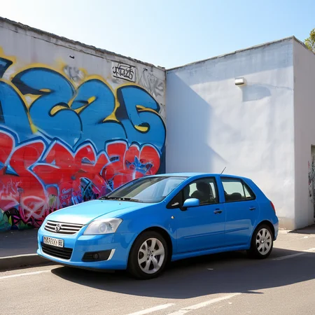 <lora:skyscaper:1>,blue car,, This is a high-resolution photograph taken with a likely DSLR camera, possibly a Canon EOS series, with a shallow depth of field focusing on the subject while the background is slightly blurred. prompt . , The sunlight creates natural lighting, casting shadows and highlighting her features. The background includes more graffiti on a white door and a slightly blurred wall with additional tags. The image has no visible JPEG artifacts.
