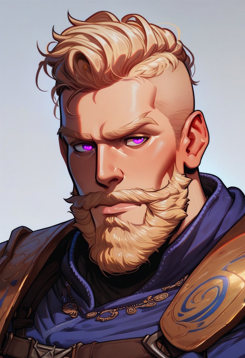 score_9, score_8_up, score_8, score_7_up, score_7, score_6_up, score_6, score_5_up, Score_5, a man, blonde hair, blonde beard, long beard, decorated beard, mohawk, purple eyes, Viking aesthetic, glowing rune armor, raven, vox machine style, 1boy, male focus, solo, portrait, village background, fantasy, (dynamic lighting:1.1)
((masterpiece))