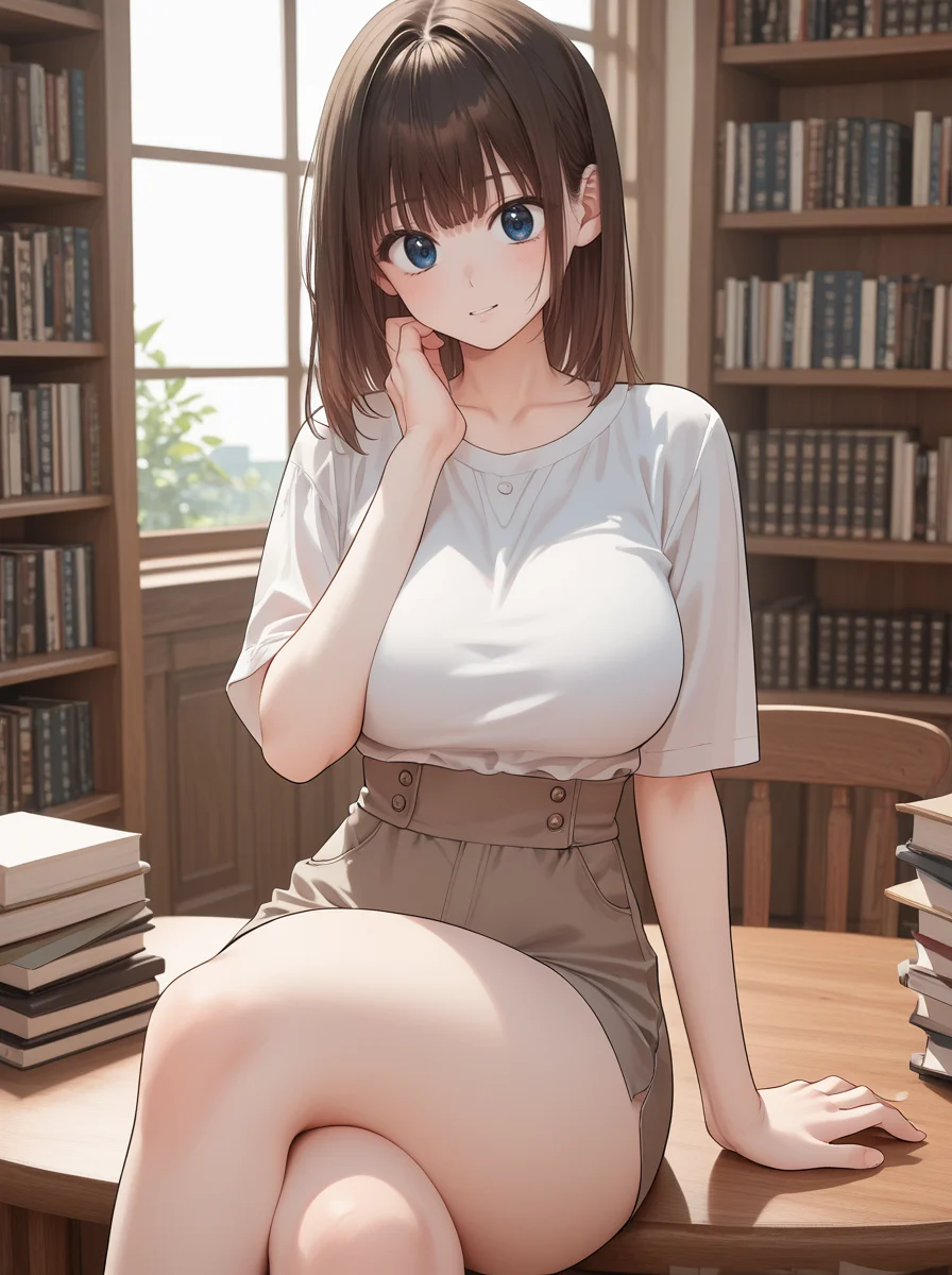zPDXL3, score_9_up, score_8_up, score_7_up, (Anime_source), ,1girl,Masterpiece,(perfect female body:1.2),(detailed hair), detailed background, small waist,(incredibly detailed:1.4), slim, beautiful fingers, beautiful white skin, Beautiful clear skin, long hair, 1girl, looking at viewer, (facing viewer:1.5), big breasts, haneul, 1gil, medium hair, brown hair, blue eyes, bangs, sidelocks, (thick thighs:1.3) <lora:Haneul-000005:1> sitting on table, crossed legs, hand supporting head on chin, library,
