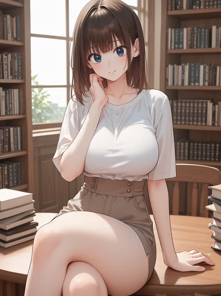 zPDXL3, score_9_up, score_8_up, score_7_up, (Anime_source), ,1girl,Masterpiece,(perfect female body:1.2),(detailed hair), detailed background, small waist,(incredibly detailed:1.4), slim, beautiful fingers, beautiful white skin, Beautiful clear skin, long hair, 1girl, looking at viewer, (facing viewer:1.5), big breasts, haneul, 1gil, medium hair, brown hair, blue eyes, bangs, sidelocks, (thick thighs:1.3) <lora:Haneul-000005:1> sitting on table, crossed legs, hand supporting head on chin, library,