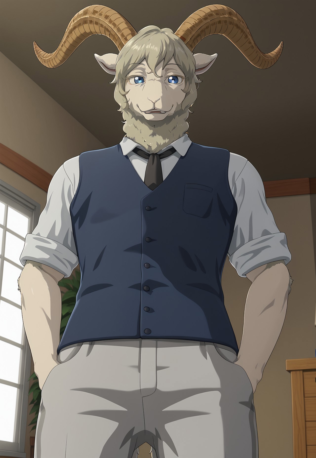 furry, solo anthro, male, smile, looking at viewer, Pina, Dall sheep,  white fur, blue eyes,grey pants, white shirt, blue vest, narrowed eyes, horns, ((( bottom view, dutch view))), hands in pockets