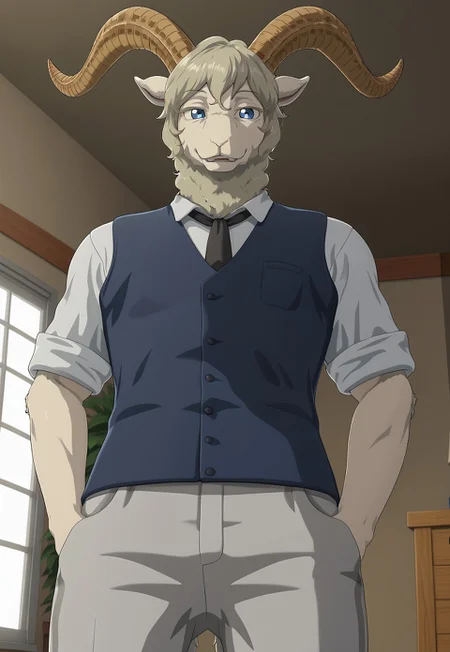furry, solo anthro, male, smile, looking at viewer, Pina, Dall sheep,  white fur, blue eyes,grey pants, white shirt, blue vest, narrowed eyes, horns, ((( bottom view, dutch view))), hands in pockets