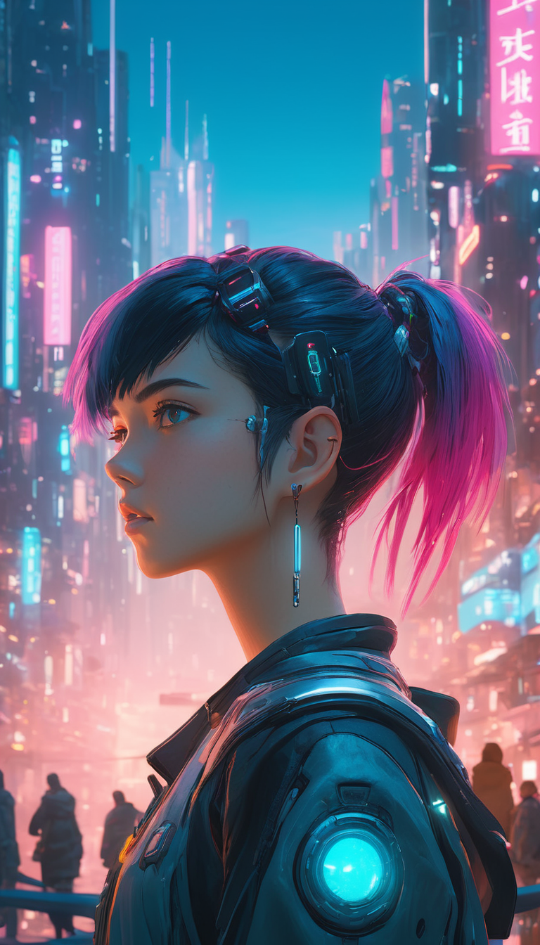 Cyberpunk female, sci-fi, cinematic scene, hero view, extremely beautiful piercing eyes, scenery, detailed background, masterpiece, best quality, high quality, highres, absurdres, very detailed, high resolution, sharp, sharp image, 8k, vivid, colorful, Studio Ghibli <lora:studio_ghibli_xl_v1:1>