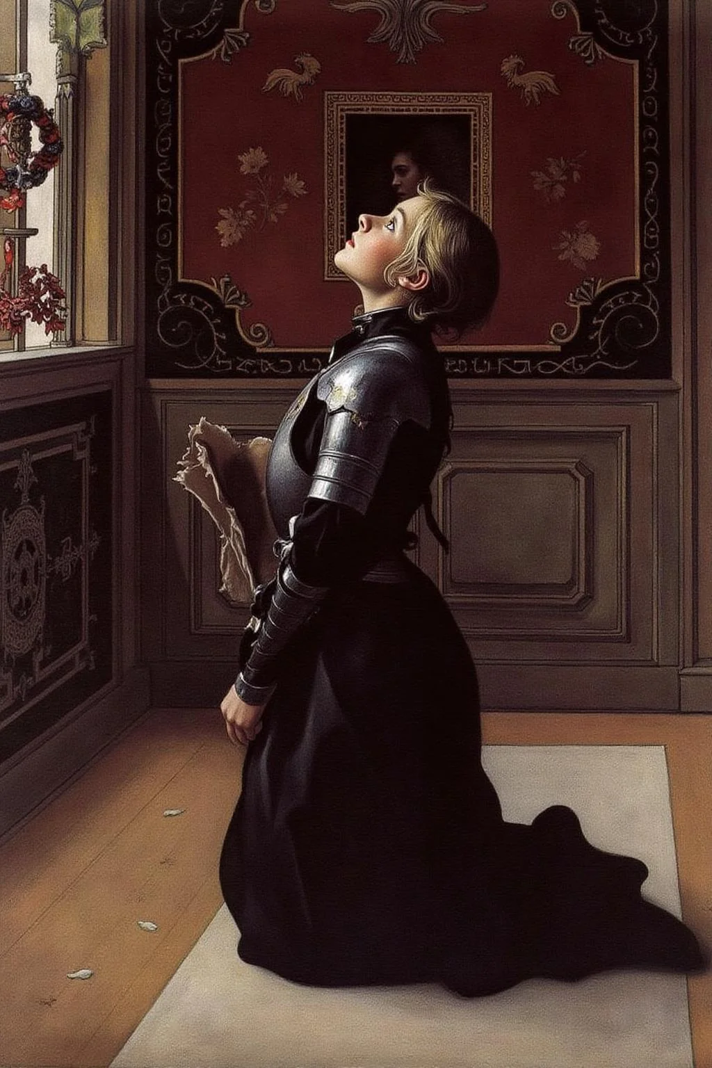 car1ar painting.
A young woman, dressed in medieval armor, kneeling in a dimly lit, richly paneled room. She gazes upward with a contemplative expression, her fair, shoulder-length hair cascading down her back.
<lora:car1ar1_cap_d6a3:1.0><lora:825502657423764447:0>