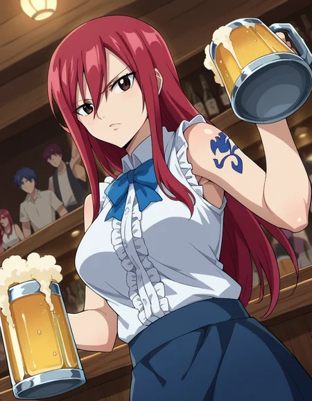 score_9, score_8_up, score_7_up, source_anime,
erzascarlet, <lora:erza-scarlet-ponyxl-lora-nochekaiser:1>
erza scarlet, long hair, red hair, hair between eyes, brown eyes,
skirt, shirt, bow, boots, sleeveless, sleeveless shirt, tattoo, white shirt, frills,
indoors, bar, beer, mug, drinking,
looking at viewer, dutch angle, cowboy shot