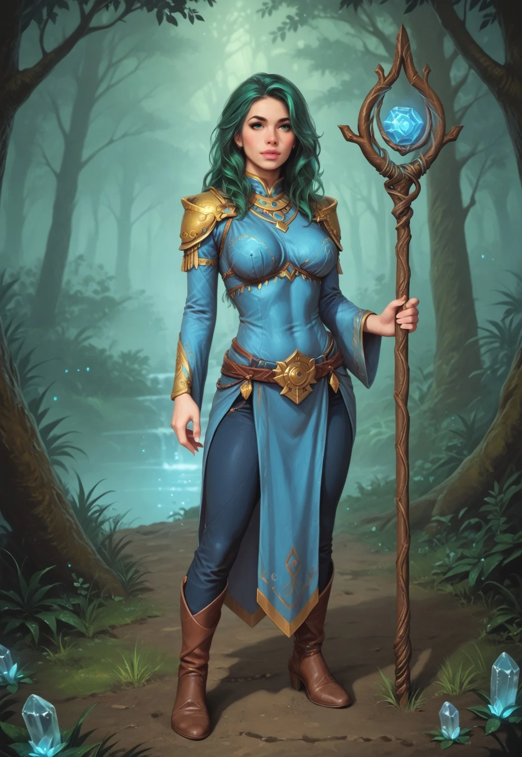 safe_pos, core_9, score_8_up, score_8, semi realistic, ultra detailed, 8k, high quality, hi res, high quality, detailed eyes, perfecteyes, detailed face, 1girl, sharp focus, (The tall girl:1.2), mystical druid, nature-inspired attire, (((staff with crystal))), fair skin, long wavy green hair, realistic, cinematic angle, cinematic lighting, slender body, serene face, emerald eyes, meditative pose
BREAK
communicating with nature spirits in an enchanted forest glade
BREAK
source_fantasy_art, rating_explicit, expressive, full body, dynamic pose
BREAK
detailed beautiful background, lush greenery, ancient trees, glowing mushrooms, magical creatures, soft moonlight, mystical atmosphere
(((full clothed)))
