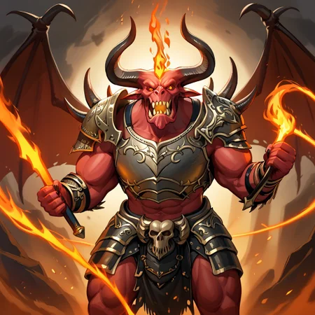 balor, wings, solo, horns, fire, armor, demon, weapon, no humans, red skin, 1boy This image is a highly detailed digital painting of a fantastical, demonic figure. The creature, a demonic warrior, stands in a powerful, dynamic pose, with a menacing expression. Its body is a deep, fiery red, with muscular, imposing physique, and it has a menacing, humanoid form with a mix of human and demonic features. The figure's head is that of a demon, with horns, a snarling mouth, and glowing red eyes.   Its arms are muscular and end in sharp, claw-like hands. The creature wears dark, armor-like shoulder pads on its shoulders, adorned with intricate, glowing patterns that match the fiery aura emanating from it. The armor is black with a hint of dark red, enhancing the fiery theme.  The creature's wings, large and bat-like, are a darker, more muted brown, partially transparent, and seem to be made of a leathery material. Flames and glowing energy swirl around its body, particularly around its wings and hands, adding to the fiery, demonic appearance.  In its right hand, it holds a massive, curved sword with a serrated blade and a handle adorned with skulls, which glows with the same fiery energy as the rest of its body.