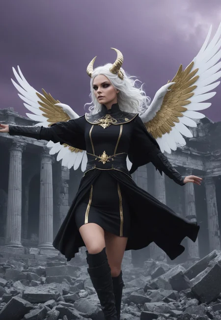 gw3nt1 of a digital illustration of a female character with white hair and horns on her head, flying through the air with her wings spread wide. She is wearing a black and white outfit with gold accents and is holding a skull in her right hand. The character appears to be in mid-air, with her left leg extended behind her and her right leg bent at the knee. The background is a dark and stormy sky with green and purple hues.\n\nIn the foreground, there are ruins of ancient buildings and ruins, with pillars and statues scattered throughout. The ruins are covered in rubble and debris, and there is a large explosion in the background. The overall mood of the image is dramatic and ominous
(8k uhd:1,4)
<lora:add-detail-xl:1>
<lora:Dynamic Poses:1>