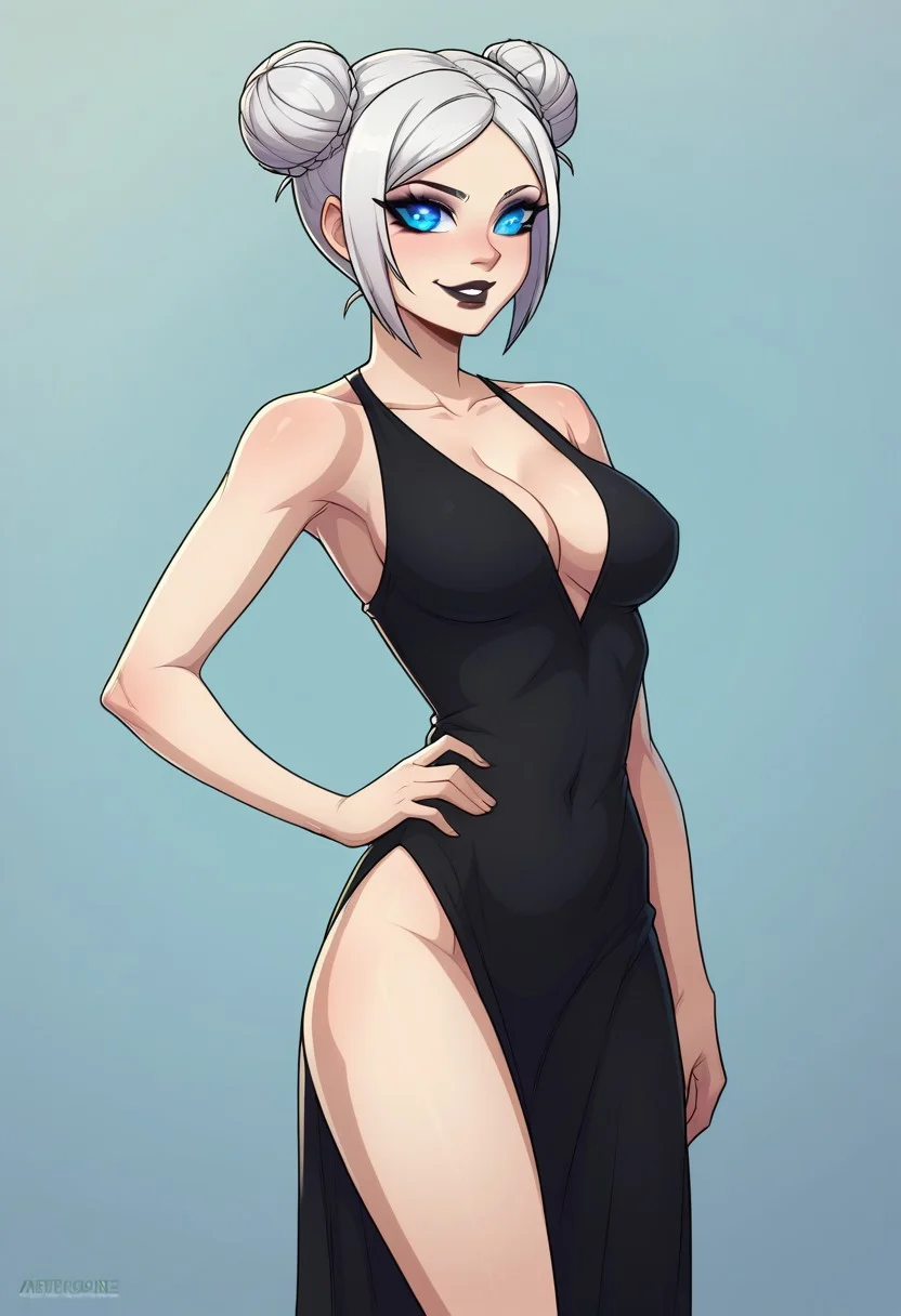 score_9, score_8_up, score_7_up, masterpiece, best quality, detailed face, detailed eyes, 1girl, solo, slim, delicate features, sensual glare, smile, pale skin tone, blue eyes, makeup, dark lipstick, regal dressing, fur trimmed black dress, white hair with two buns, (hands down), BREAK hand on hip, half-sideways view, medium shot, BREAK simple background