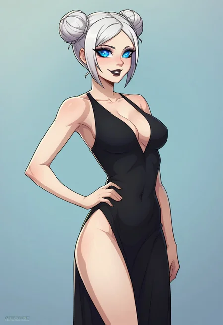 score_9, score_8_up, score_7_up, masterpiece, best quality, detailed face, detailed eyes, 1girl, solo, slim, delicate features, sensual glare, smile, pale skin tone, blue eyes, makeup, dark lipstick, regal dressing, fur trimmed black dress, white hair with two buns, (hands down), BREAK hand on hip, half-sideways view, medium shot, BREAK simple background