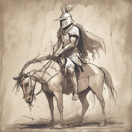 sketch, an ancient warrior, on his horse, his legs injured, torn cloth, bleeding on his forehead, broken mask
 <lora:sketch_style:1>