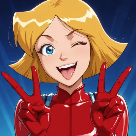 masterpiece, best quality, amazing quality, parody, official style, 1girl solo, cl0ver_totally_spies, short hair, blonde hair, blue eyes, red bodysuit, sexy, beautiful, detailed, high detailed, very beautiful, detailed face, detailed eyes, detailed hand, abstract background, neon, smile, open mouth, tongue out, one eye closed, double v, looking at viewer, volumetric lighting, face focus, upper view, close-up