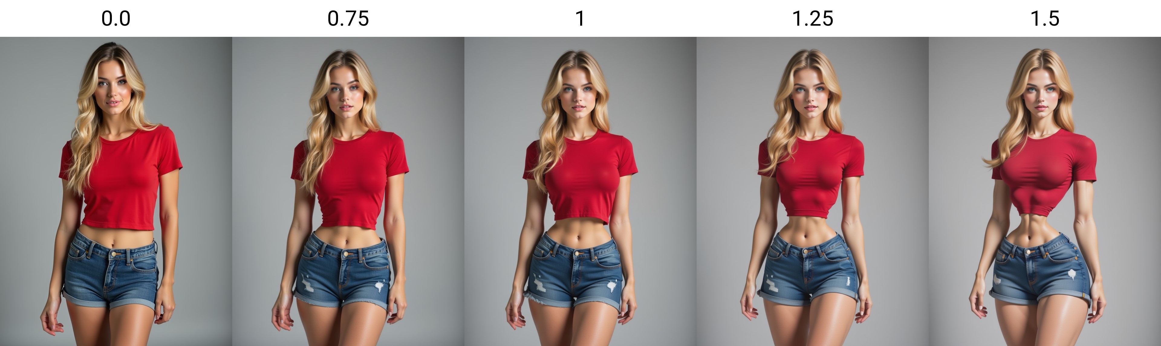 realistic photo of blonde woman, tiny waist, wearing a tight red t-shirt and jeans shorts, grey background
